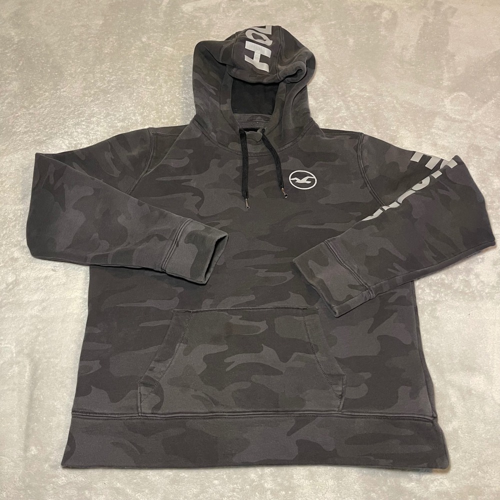 Hollister Mens Camo Hoodie Black Gray Camouflage Logo Graphic Pullover Size M - Picture 2 of 13